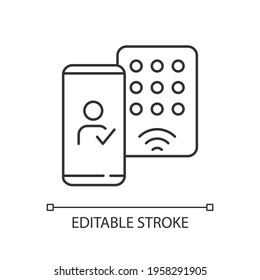 Detecting mobile credentials linear icon. Authenticate smartphone and use it to access the office. Thin line customizable illustration. Contour symbol. Vector isolated outline drawing. Editable stroke