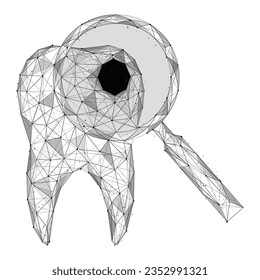 Detection of dental caries, a tooth under a magnifying glass. Low-poly design of interconnected lines and dots. White background.