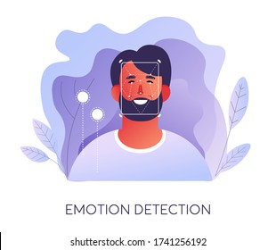 Detection of emotions, recognition of facial expressions by modern technologies and application used for authorization and access to devices. Artificial intelligence in use, vector in flat style
