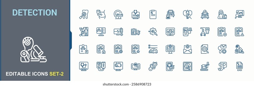 Detection set of modern icons. It contains symbols to calling, blood, heart, medicine, ambulance, hospital, scan, pharmacy, health and more. Simple icon designs. Vector icon and illustration.