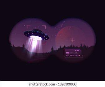 Detection UFO in binoculars view overnight landscape vector illustration. Alien invasion of earth. A supernatural spaceship with glow lights hovers over the river