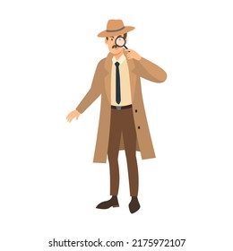 Detectiv Vector Illustration. Cartoon Character In Coat And Hat, Investigator Or Inspector Solving Mystery Isolated On White