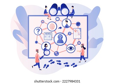 Detective agency. Investigation board with photos, notes and map attached. Private detective solving crime and search criminals. Searching evidences. Modern flat cartoon style. Vector illustration

