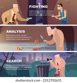 Detective agency. print banners with working detective analysis searching and fights with bandits. vector template