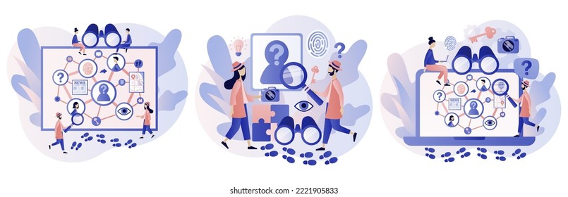 Detective agency. Private detective solving crime and search criminals. Searching evidences. Investigation board with photos, notes and map attached. Modern flat cartoon style. Vector illustration