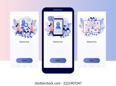 Detective agency. Private detective solving crime and search criminals. Searching evidences. Screen template for mobile, smartphone app. Modern flat cartoon style. Vector illustration
