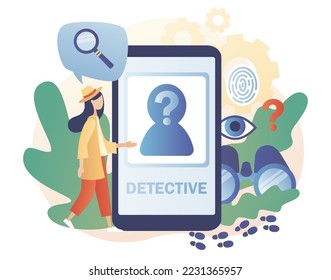 Detective agency. Private detective solving crime and search criminals. Photos, notes, fingerprints  and map attached. Searching evidences online. Modern flat cartoon style. Vector illustration