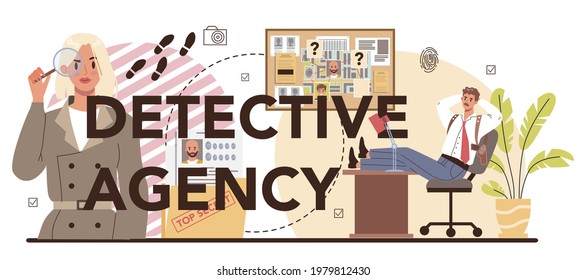 Detective agency typographic header. Inspector investigating a crime place and looking for clues. Person solving crime by collecting physical evidence. Vector flat illustration