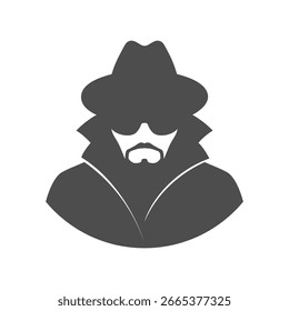 Icono de gráfico de detective o agente. Hombre desconocido en gafas con barba y sombrero. Signo gráfico aislado en el fondo blanco. Ilustración vectorial