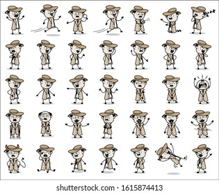Detective Agent Poses - Set of Vintage Concepts Vector illustrations