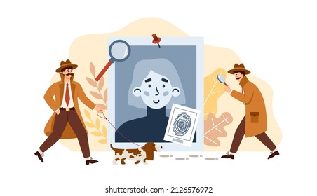 Detective agents investigating and solving crime, flat vector illustration isolated on white background. Banner for detective agency with spies and photo of criminal.