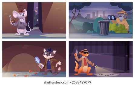 Detective animals. cartoon background with detective characters crime protection