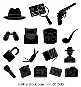 Detective and Attributes black icons in set collection for design.Detective Agency vector symbol stock web illustration.