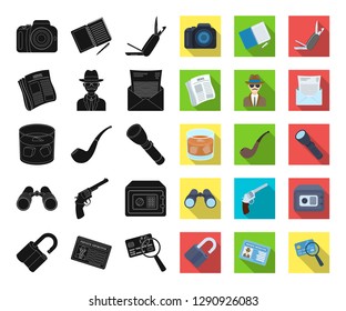 Detective and Attributes black,flat icons in set collection for design.Detective Agency vector symbol stock web illustration.