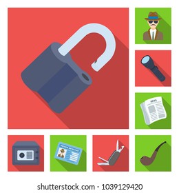 Detective and Attributes flat icons in set collection for design.Detective Agency vector symbol stock web illustration.