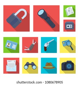 Detective and Attributes flat icons in set collection for design.Detective Agency vector symbol stock web illustration.