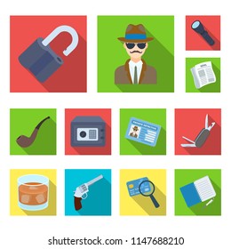 Detective and Attributes flat icons in set collection for design.Detective Agency vector symbol stock web illustration.