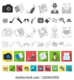Detective and Attributes flat icons in set collection for design.Detective Agency vector symbol stock web illustration.