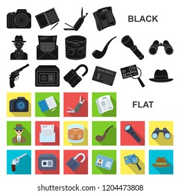 Detective and Attributes flat icons in set collection for design.Detective Agency vector symbol stock web illustration.