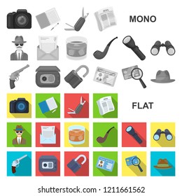 Detective and Attributes flat icons in set collection for design.Detective Agency vector symbol stock web illustration.