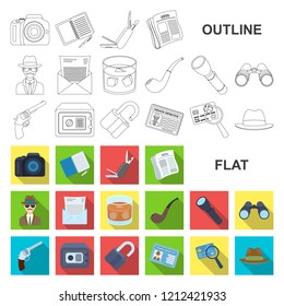 Detective and Attributes flat icons in set collection for design.Detective Agency vector symbol stock web illustration.