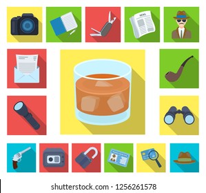 Detective and Attributes flat icons in set collection for design.Detective Agency vector symbol stock web illustration.
