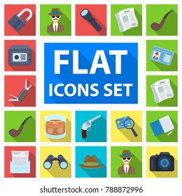 Detective and Attributes flat icons in set collection for design.Detective Agency vector symbol stock web illustration.