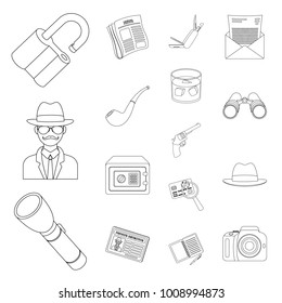 Detective and Attributes outline icons in set collection for design.Detective Agency vector symbol stock web illustration.