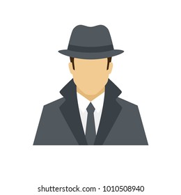 Detective avatar icon. Profession logo. Male character. A man in professional clothes. People specialists. Flat simple vector illustration.