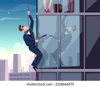 Detective background. Secret spy agent working exact vector action scene in cartoon style