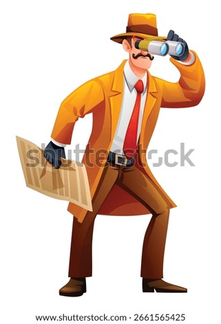 Detective with binoculars and map looking for clues and searching for a location. Vector cartoon character illustration