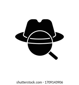 Detective Black Glyph Icon. Traditional Movie Genre, Classic Noir Film. Murder Mystery, Crime Investigation Silhouette Symbol On White Space. Felt Hat And Magnifying Glass Vector Isolated Illustration