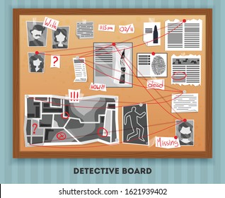 Detective Board Composition With Text And Rectangular Wooden Frame Hanging On Wall With Pinned Investigation Materials Vector Illustration