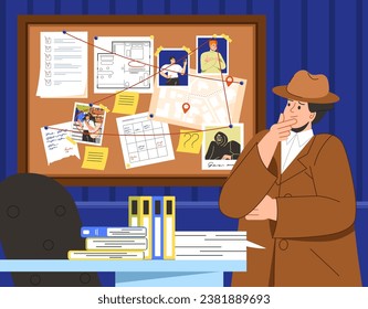 Detective at board concept. Man in brown hat and coat look at evidences. Officer and policeman with investigations. Young guy looking for criminal. Cartoon flat vector illustration