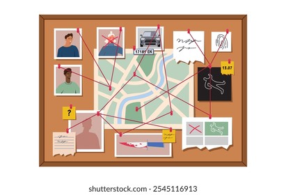 Detective board concept. Photos of people and vehicles tied with red threads. Evidence for investigation of crime. Policeman and Detective Office. Flat vector illustration isolated on white background