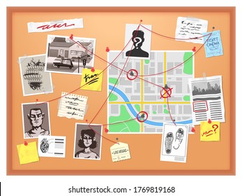 Detective board. Cops crime investigation plan, board with pinned photos, newspapers and notes, map structural analysis vector illustration. Plan detective investigation board