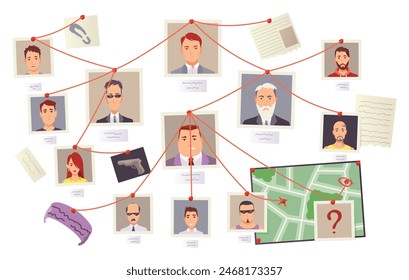 Junta de detectives. Investigación de accidentes criminales o junta de evidencia. Policías Plan de investigación criminal, tabla con Fotos fijadas. Ilustración de dibujos animados de Vector aislado sobre fondo blanco