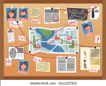 Detective board crime chart composition with set of investigation files pinned to board with handwritten notes vector illustration