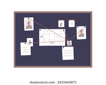 Detective board with crime evidence pinned up for police investigation. Bulletin pinboard displaying photos, notes, clues. Criminal case, inquiry. Flat vector illustration isolated on white background