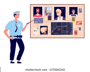Detective board. Crime investigation plan with murder photos, newspapers and notes, cop investigator at scheme map, vector concept
