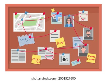 Detective board with facts and suspects illustration. Investigation sorting of evidence pinned with pins tied red threads workplace police investigator search for criminal. Vector scheme.