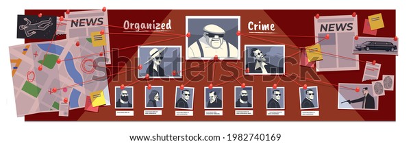 Detective board with fingerprints,\
organized crime photos, map, and clues connected by a red string,\
photos of suspected criminals, crime scenes and evidence, retro\
toned. Cartoon vector\
illustration.