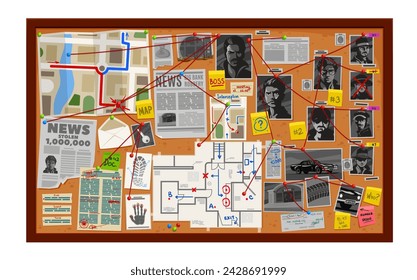 Detective board, investigate wall with map and photo, newspaper and pinboard, vector crime investigation, police office interior. Cartoon detective pin board with evidences, clues, red strings