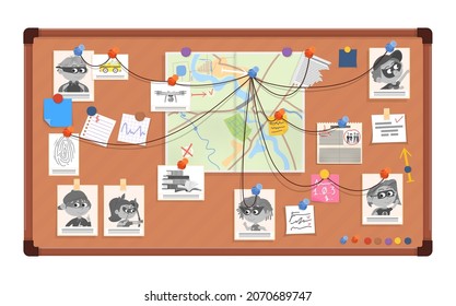 Detective board. Investigating, evidence and clues. Crime detectives working information, photos and map on police desk. Criminal wall decent vector concept