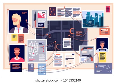 Detective board. Investigation dashboard with pinned photos, newspapers and note. Detectives evidence, research scheme vector concept