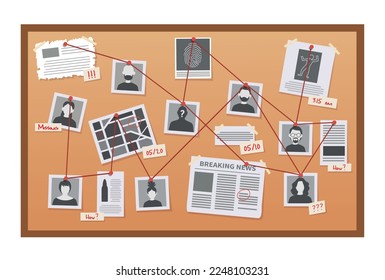 Detective board isolated on white background. Detective investigation board. Crime investigation. Vector stock