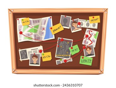 Detective Board. Mystery Investigation Korkbrett mit Hinweisen, markierten Karten, verdächtigen Fotos, Beweise Fingerabdrücke, Zeitnoten und Tatort Informationen isolierte Cartoon Vektor-Illustration