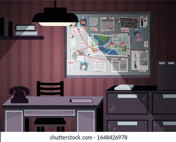 Detective board office interior composition with indoor view of private investigators workspace with pieces of furniture vector illustration