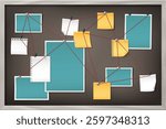 Detective board with pinned blank papers. Vector realistic illustration of cork wall frame with crime investigation information, map, photo, notebook sheets attached, police office design element