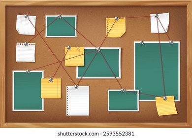 Detective board with pinned paper notes, photos and documents connected by red string. Investigation corkboard with green images, yellow sticky notes, grid pages and memo sheet attached with thumbtack